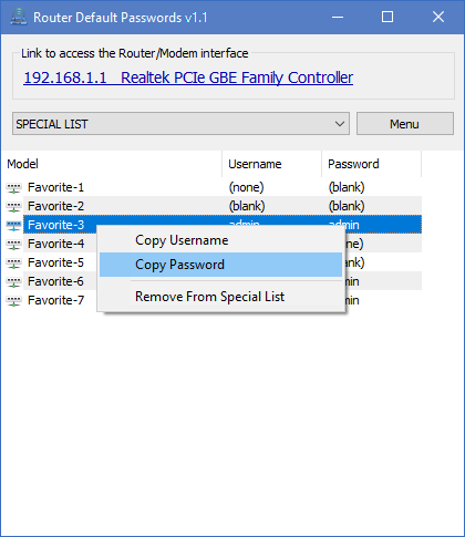 Right-click context menu with Copy Username and Copy Password